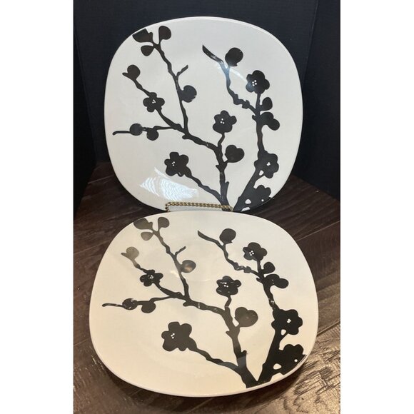 Roscher Square Dinner Plate Black White Floral Branch Set Of 2 Stoneware Cottage - Picture 1 of 5